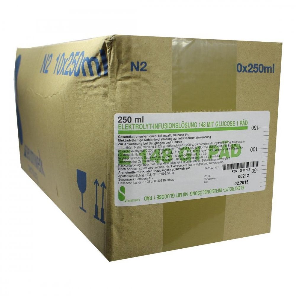 Das Produktfoto zeigt Elektrolyt Inf.-Lsg. 148 M.Glucose 1 Päd. (10X250 ml) PZN 00836715