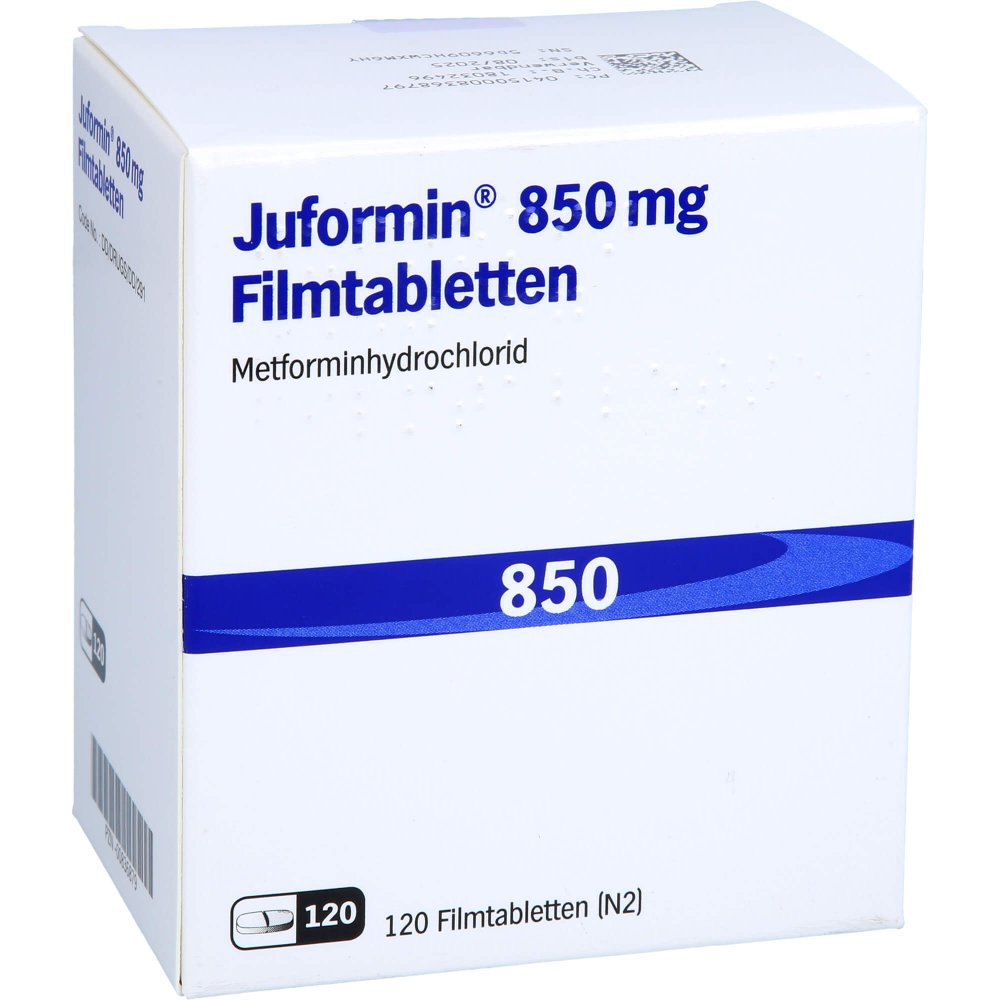 Das Produktfoto zeigt Juformin 850 Mg Filmtabletten (120 stk) PZN 00836879