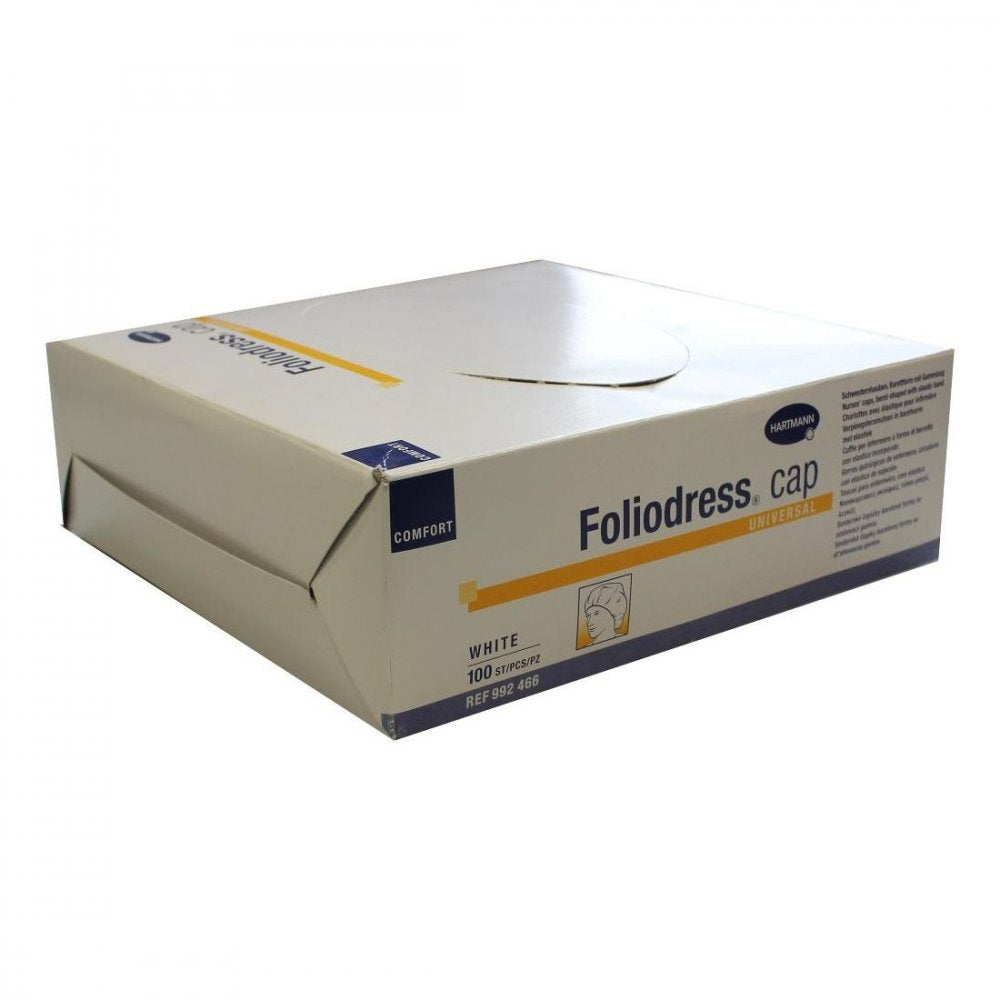 Das Produktfoto zeigt Foliodress Cap Comfort Universal Weiß Op-Hauben (100 stk) PZN 00840645