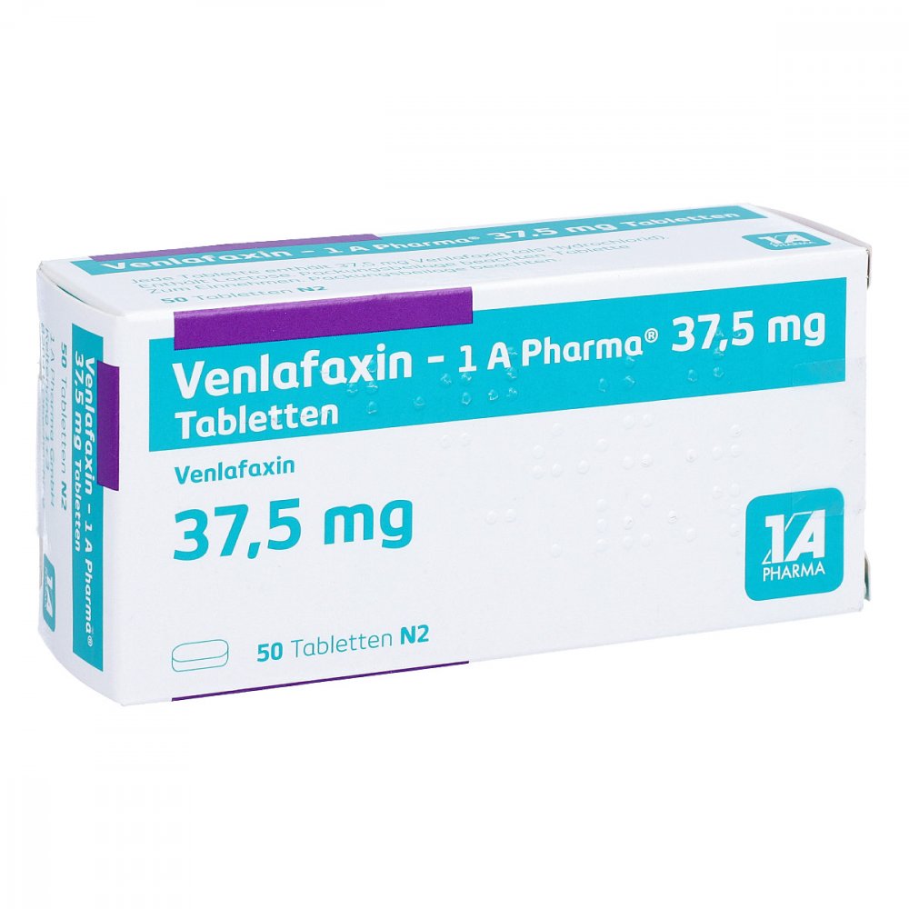 Das Produktfoto zeigt Venlafaxin-1a Pharma 37,5 Mg Tabletten (50 stk) PZN 00852157