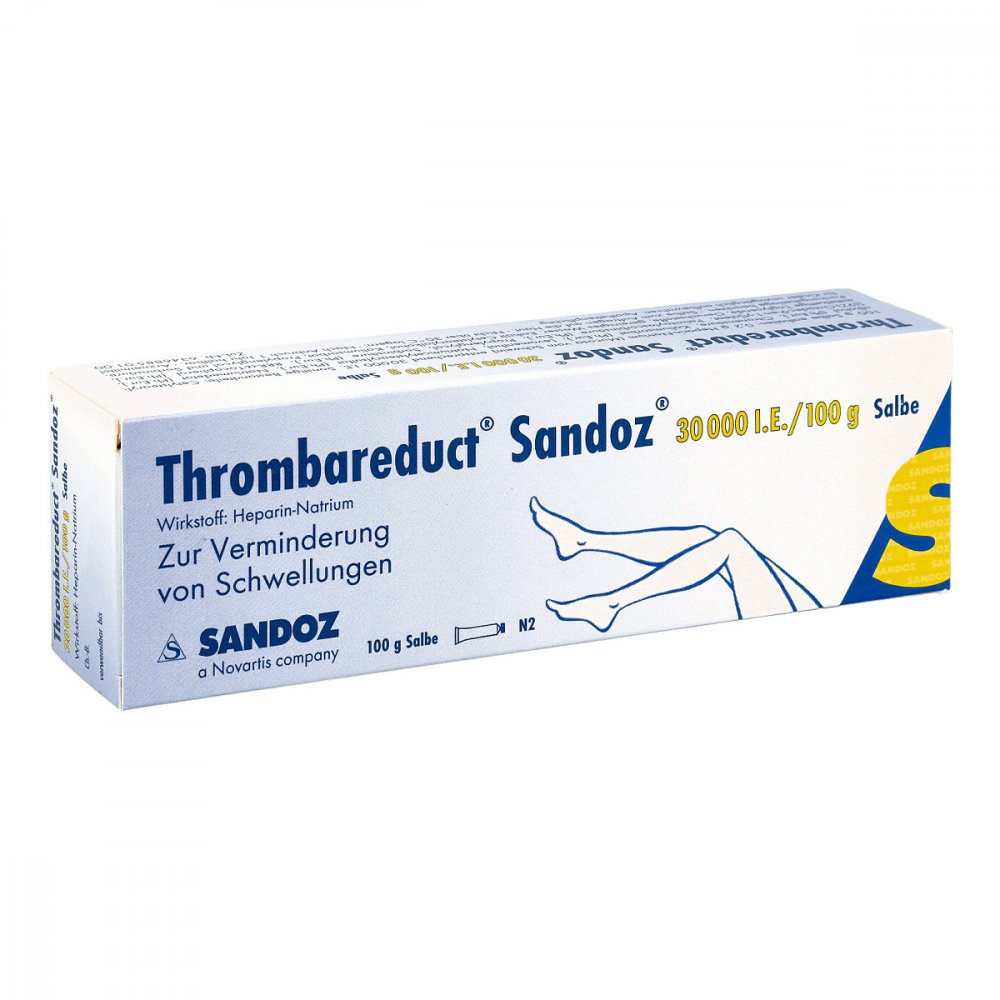 Das Produktfoto zeigt Thrombareduct Sandoz 30.000 I.E. Salbe (100 g) PZN 00852915