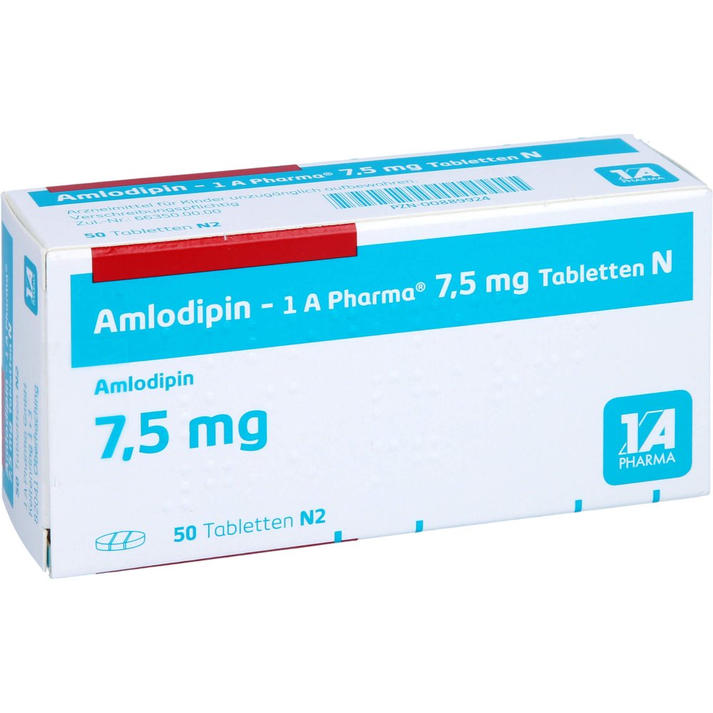 Das Produktfoto zeigt Amlodipin-1a Pharma 7,5 Mg Tabletten N (50 stk) PZN 00889924