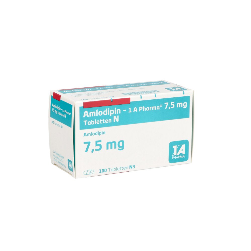 Das Produktfoto zeigt Amlodipin-1a Pharma 7,5 Mg Tabletten N (100 stk) PZN 00889930