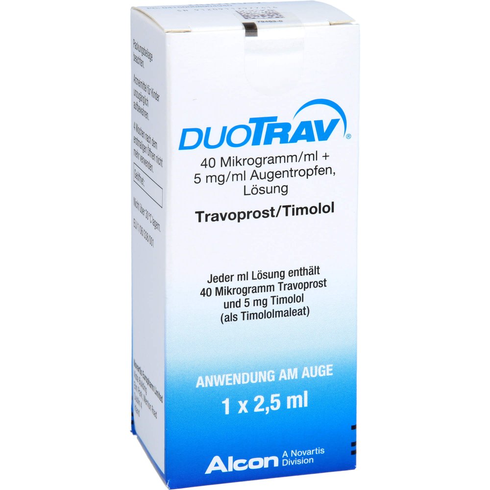 Das Produktfoto zeigt Duotrav 40 Mikrogramm/Ml + 5 Mg/Ml Augentropfen (2.5 ml) PZN 00890494