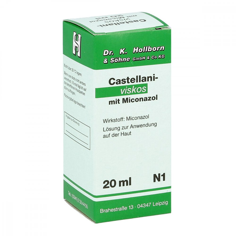 Das Produktfoto zeigt Castellani Viskos M. Miconazol Lösung (20 ml) PZN 00912787