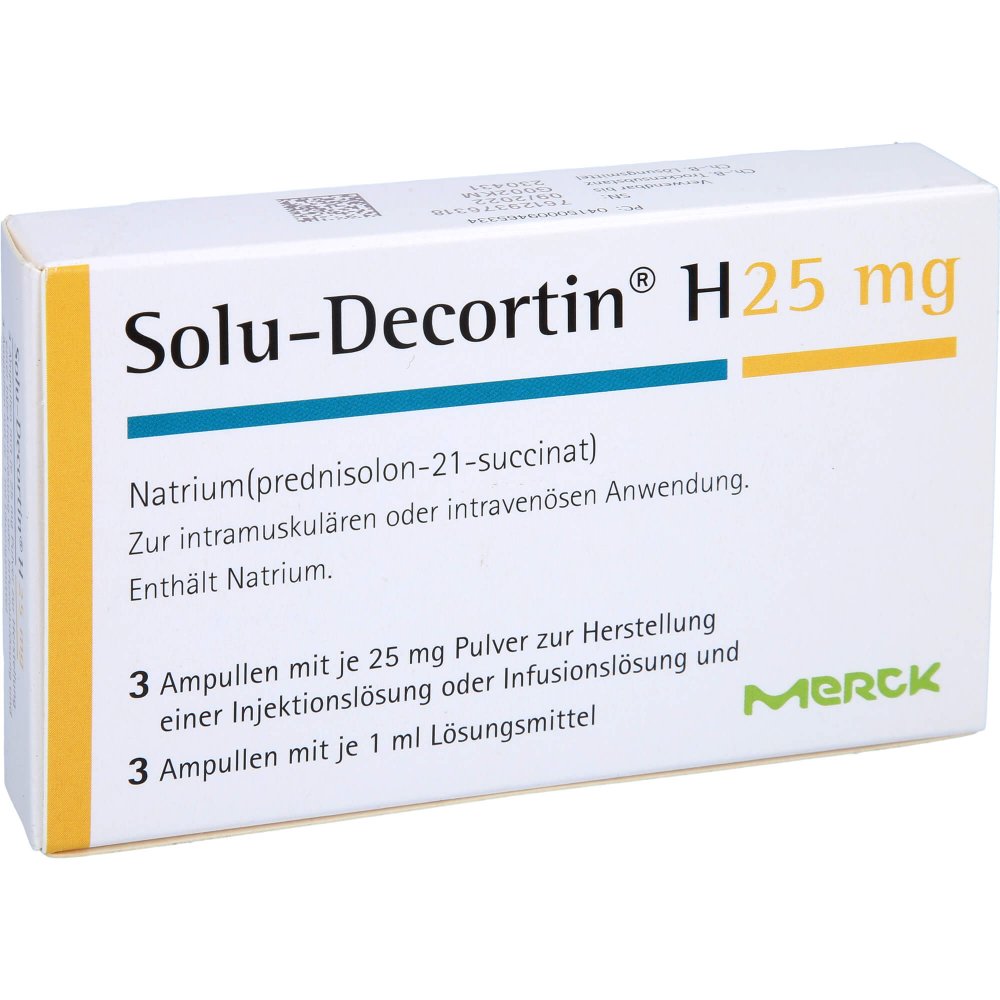Das Produktfoto zeigt Solu-Decortin H 25 Mg Plv.U.Lm Z.H.E.Inj./Inf.L. (3 stk) PZN 00946533