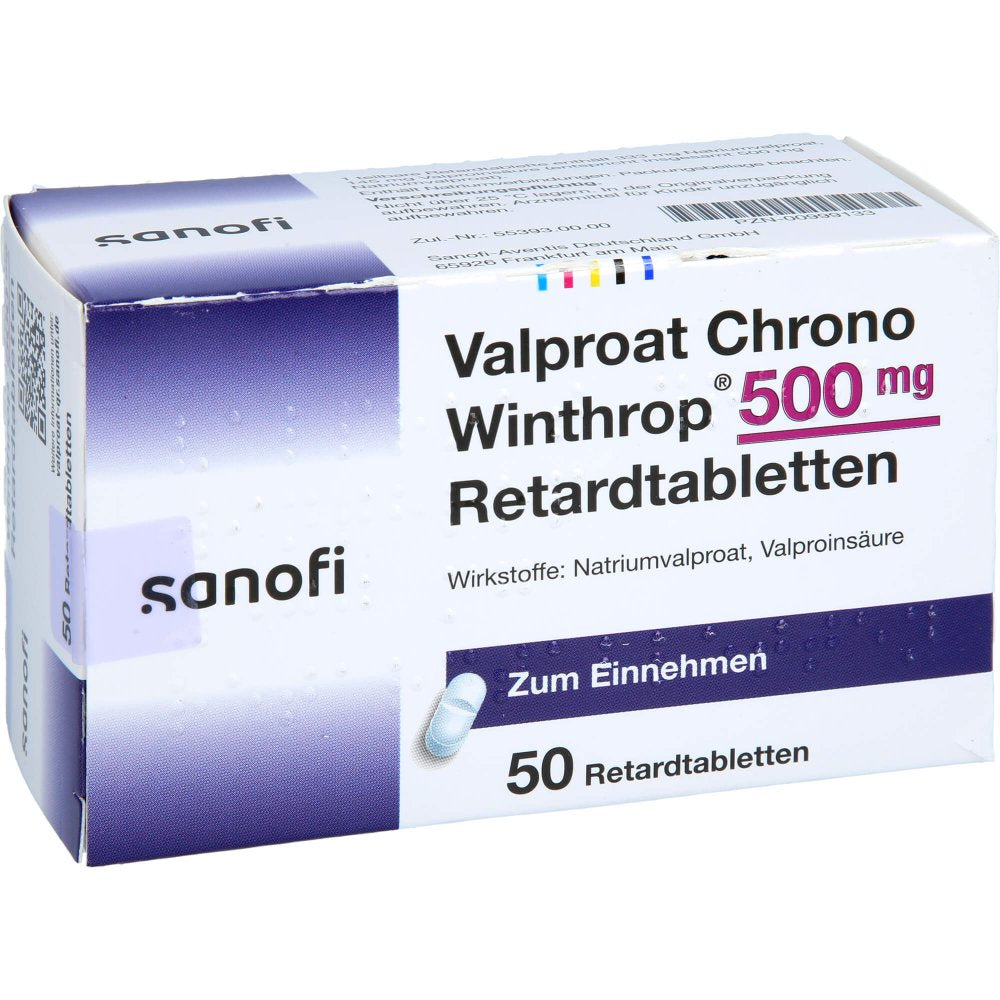 Das Produktfoto zeigt Valproat Chrono Winthrop 500 Mg Retardtabletten (50 stk) PZN 00999133