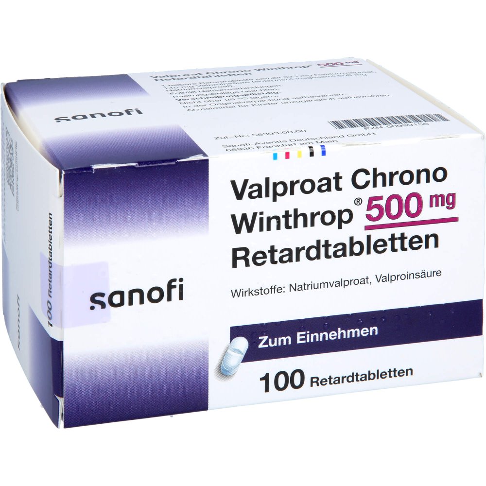 Das Produktfoto zeigt Valproat Chrono Winthrop 500 Mg Retardtabletten (100 stk) PZN 00999156