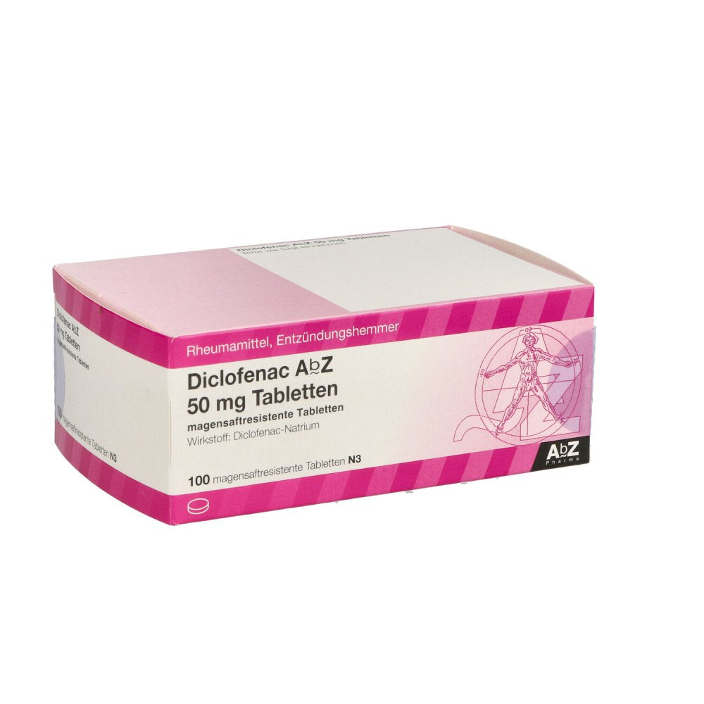 Das Produktfoto zeigt Diclofenac Abz 50 Mg Magensaftresistente Tabletten (100 stk) PZN 01015564