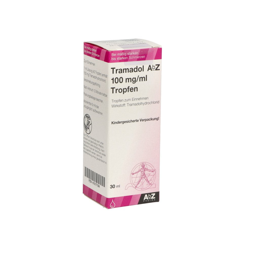 Das Produktfoto zeigt Tramadol Abz 100 Mg/Ml Tro.Z.Einn.M.Tropfaufsatz (30 ml) PZN 01017184