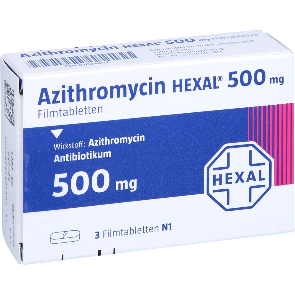 Das Produktfoto zeigt Azithromycin Hexal 500 Mg Filmtabletten (3 stk) PZN 01038447