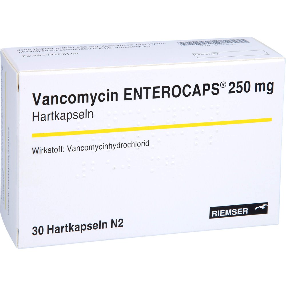 Das Produktfoto zeigt Vancomycin Enterocaps 250 Mg Hartkapseln (30 stk) PZN 01043081