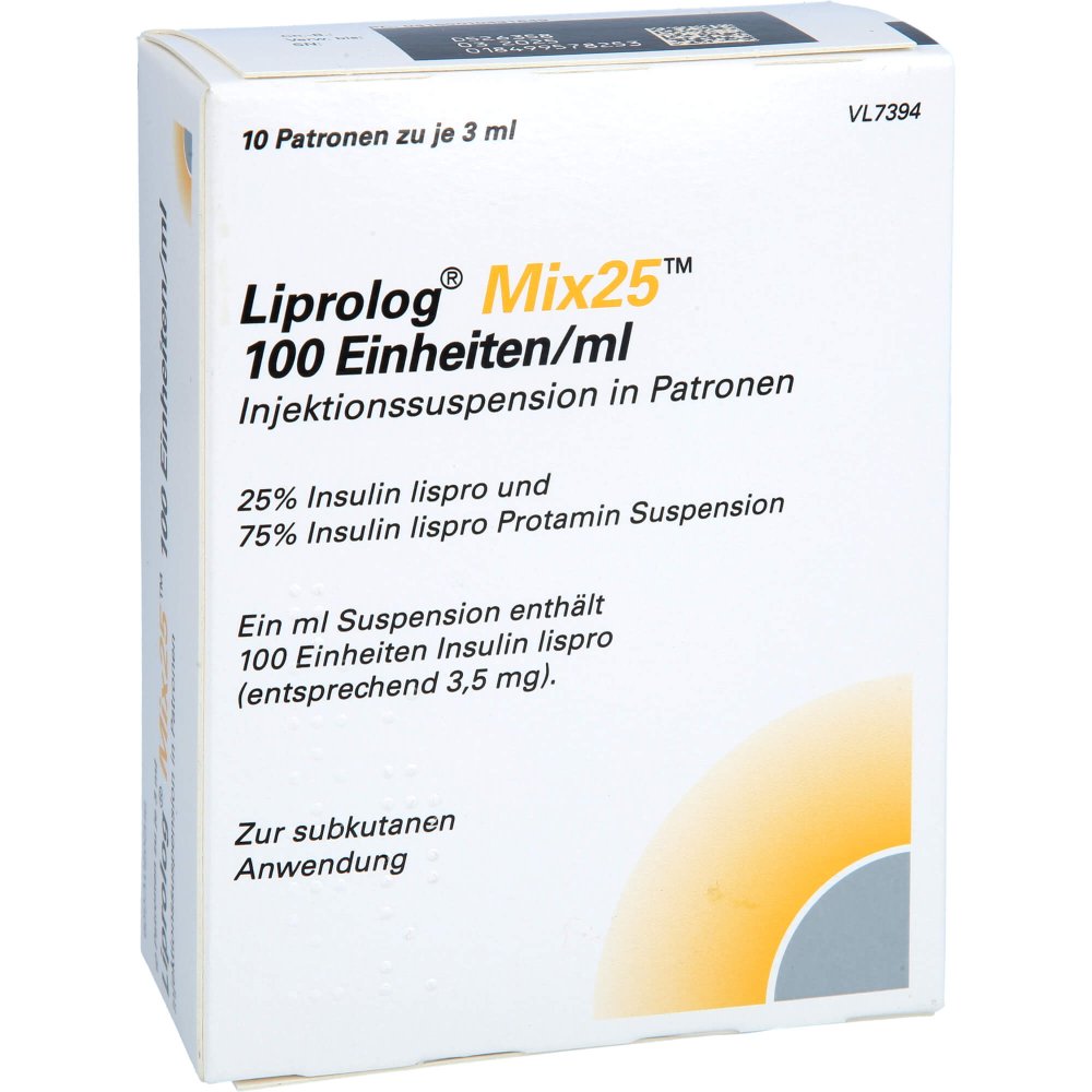 Das Produktfoto zeigt Liprolog Mix 25 100 E/Ml Patrone Injektionssusp. (10X3 ml) PZN 01043164