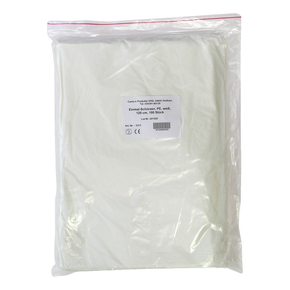 Das Produktfoto zeigt Schürze Einmal Pe Weiß 125 Cm (100 stk) PZN 01046435