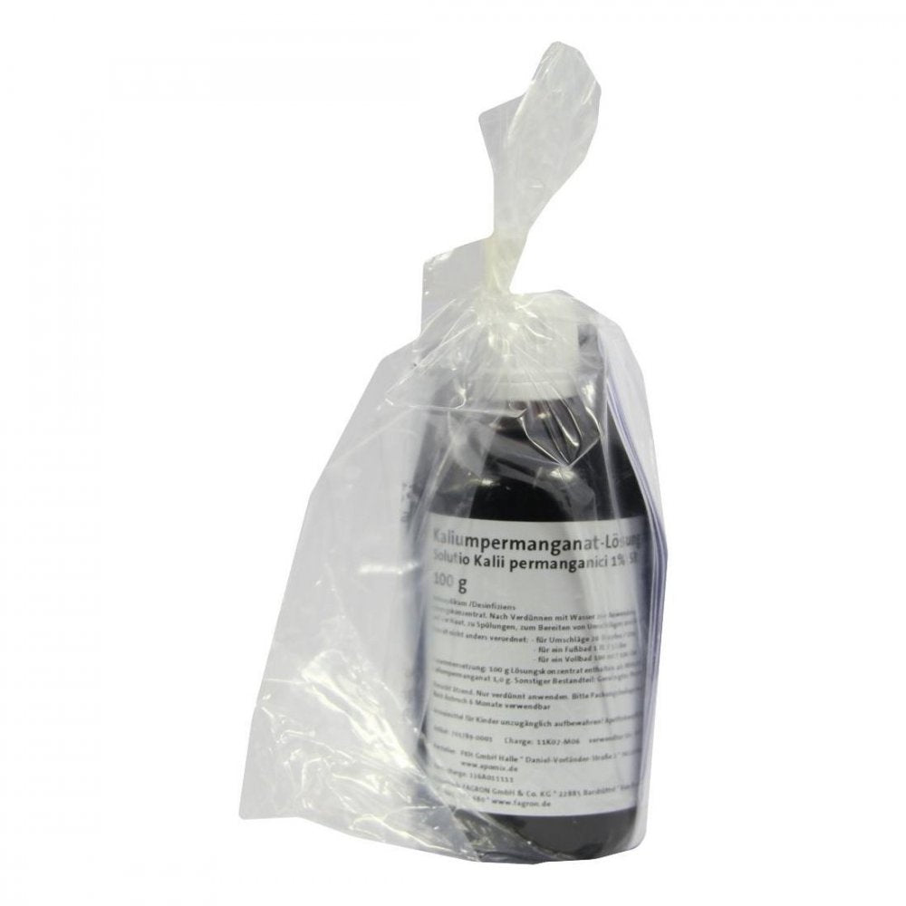 Das Produktfoto zeigt Kaliumpermanganat-Lösung 1% Sr (100 g) PZN 01055693