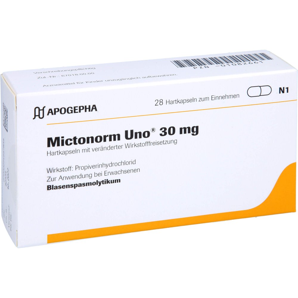 Das Produktfoto zeigt Mictonorm Uno 30 Mg Hartk.M.Veränd.Wirkst.-Frs. (28 stk) PZN 01082661