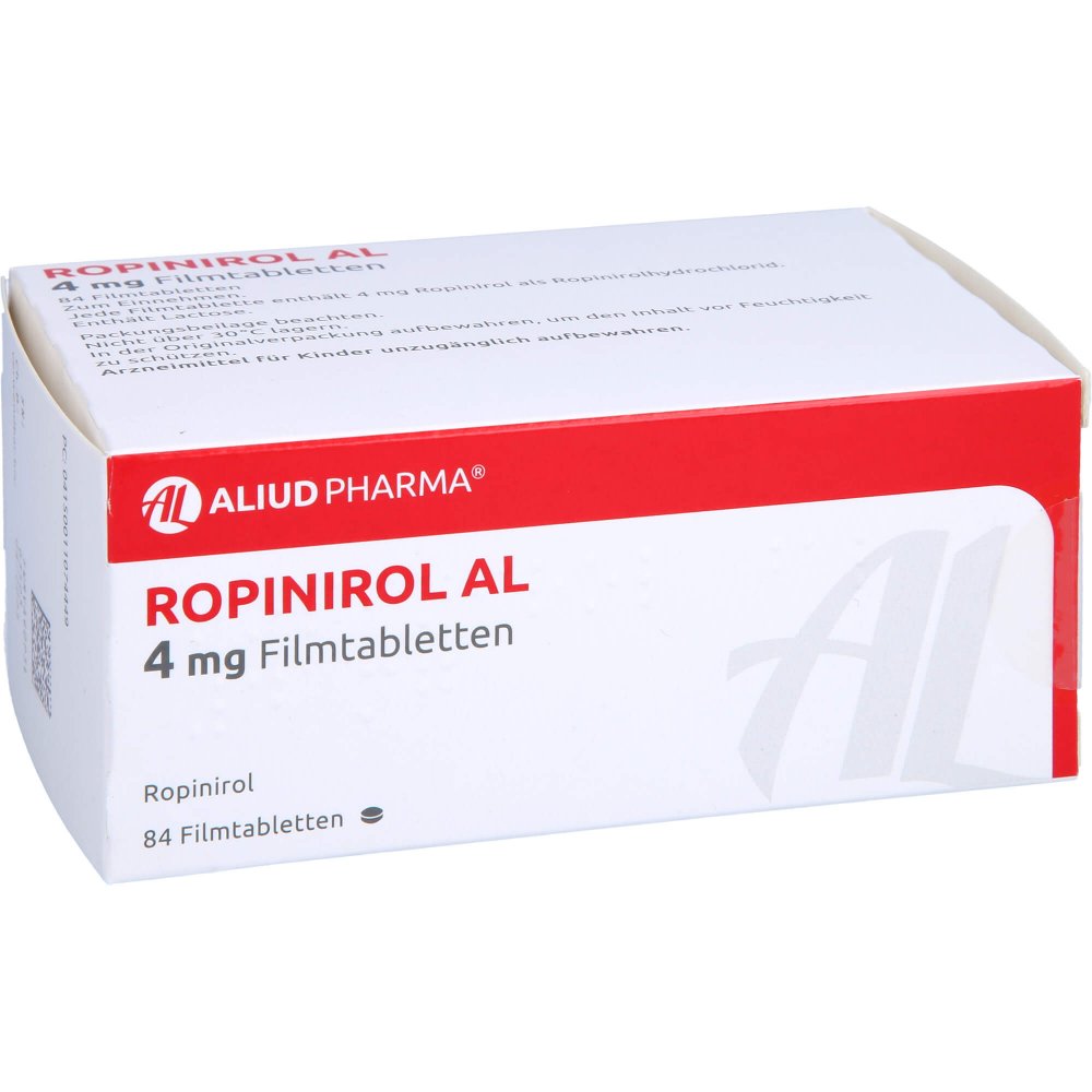 Das Produktfoto zeigt Ropinirol Al 4 Mg Filmtabletten (84 stk) PZN 01107444