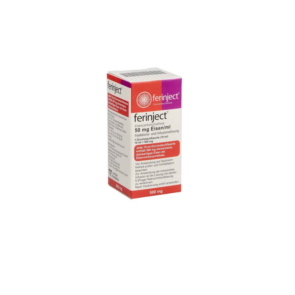 Das Produktfoto zeigt Ferinject 50 Mg Eisen/Ml Inj.-/Inf.-Lsg.500mg (10 ml) PZN 01152002