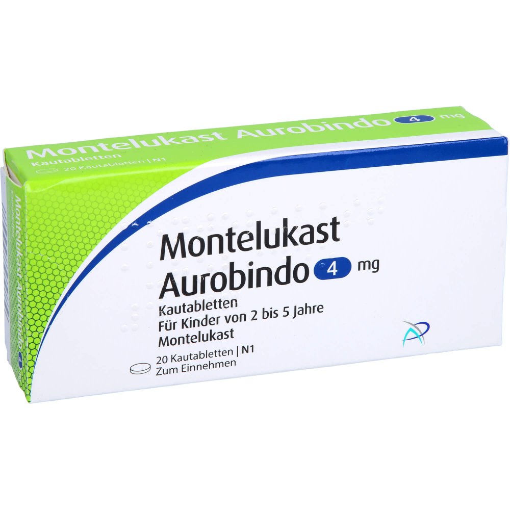 Das Produktfoto zeigt Montelukast Aurobindo 4 Mg Kautabletten (20 stk) PZN 01155779
