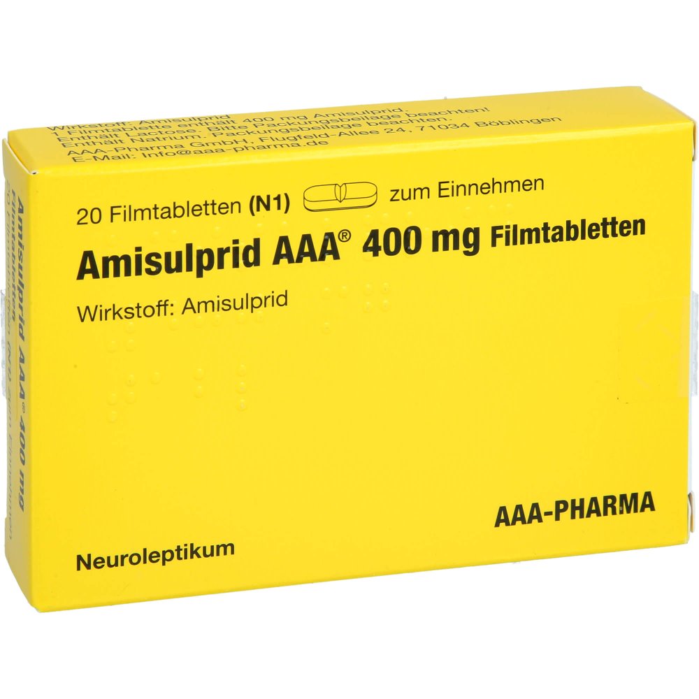 Das Produktfoto zeigt Amisulprid Aaa-Pharma 400 Mg Filmtabletten (20 stk) PZN 01163201