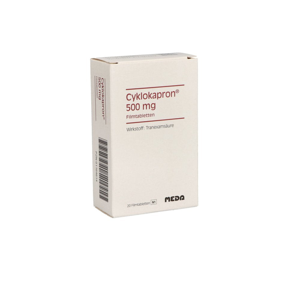 Das Produktfoto zeigt Cyklokapron 500 Mg Filmtabletten (20 stk) PZN 01164614