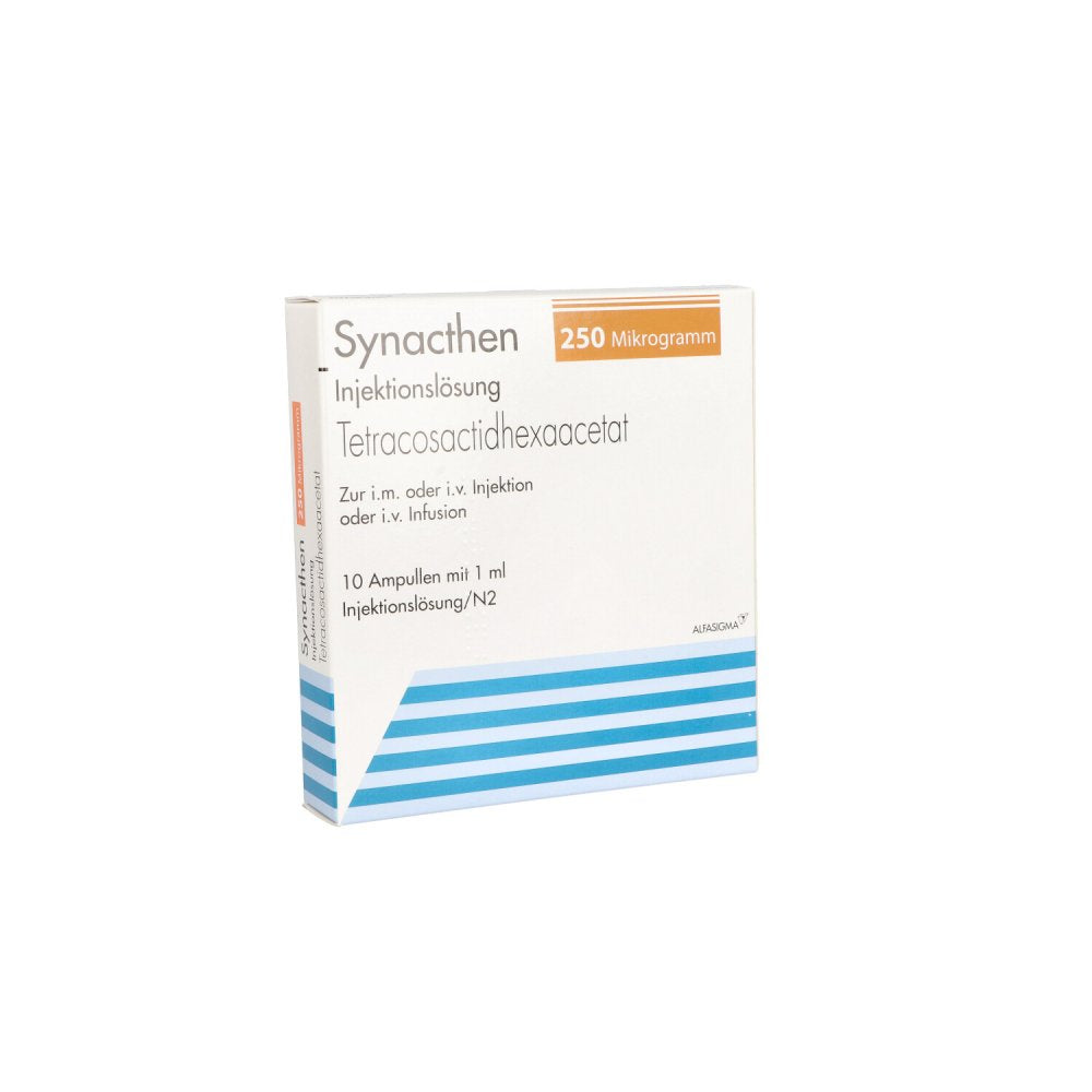 Das Produktfoto zeigt Synacthen 250 Mikrogramm Injektionslsg.Amp. (10X1 ml) PZN 01223400