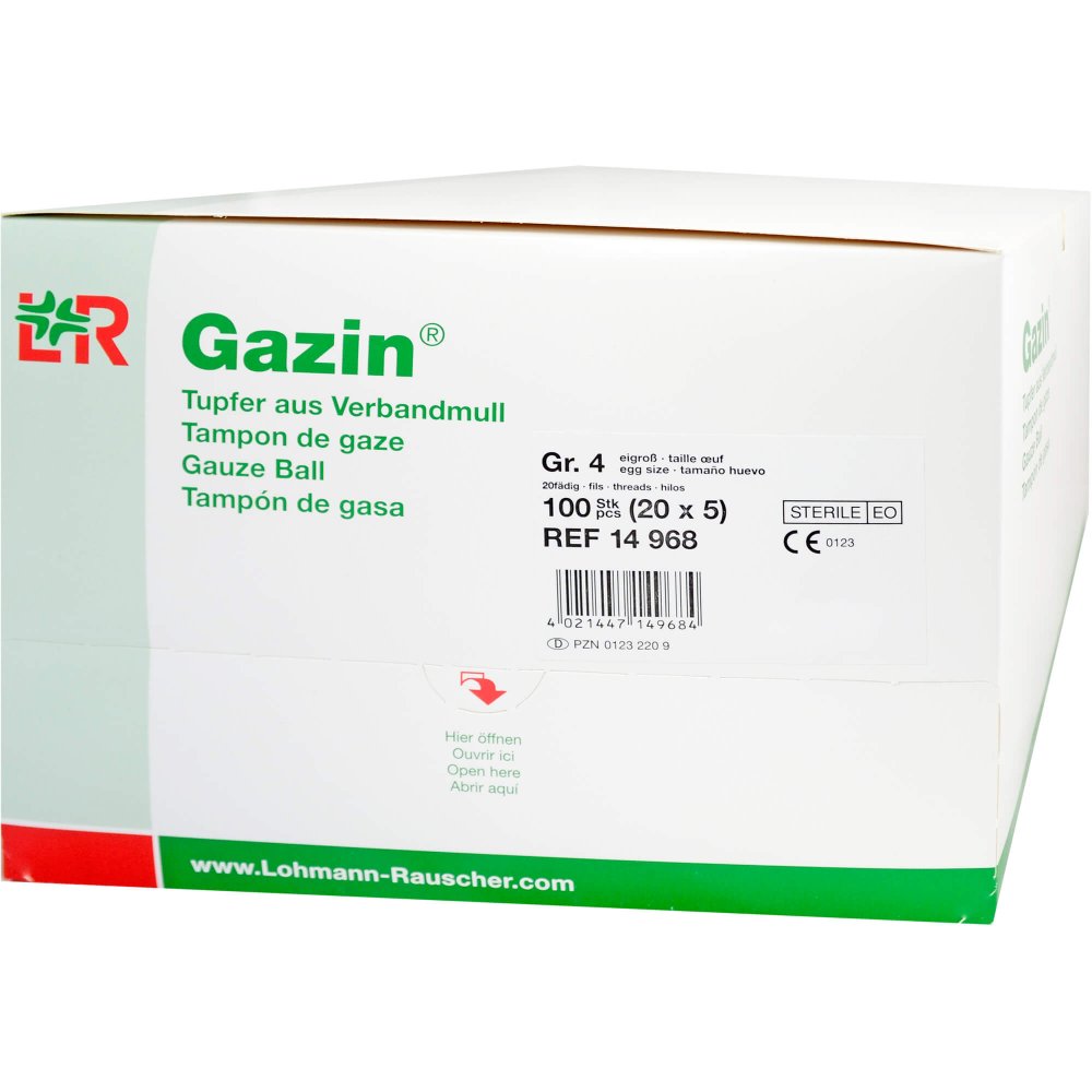Das Produktfoto zeigt Gazin Tupfer Eigr.Steril 2+3 Schutzr.O.Rk (100 stk) PZN 01232209