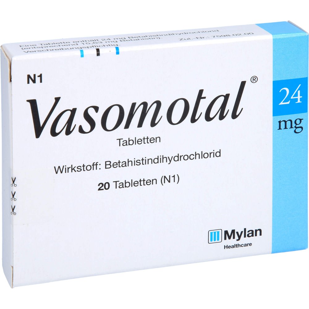 Das Produktfoto zeigt Vasomotal 24 Mg Tabletten (20 stk) PZN 01289020