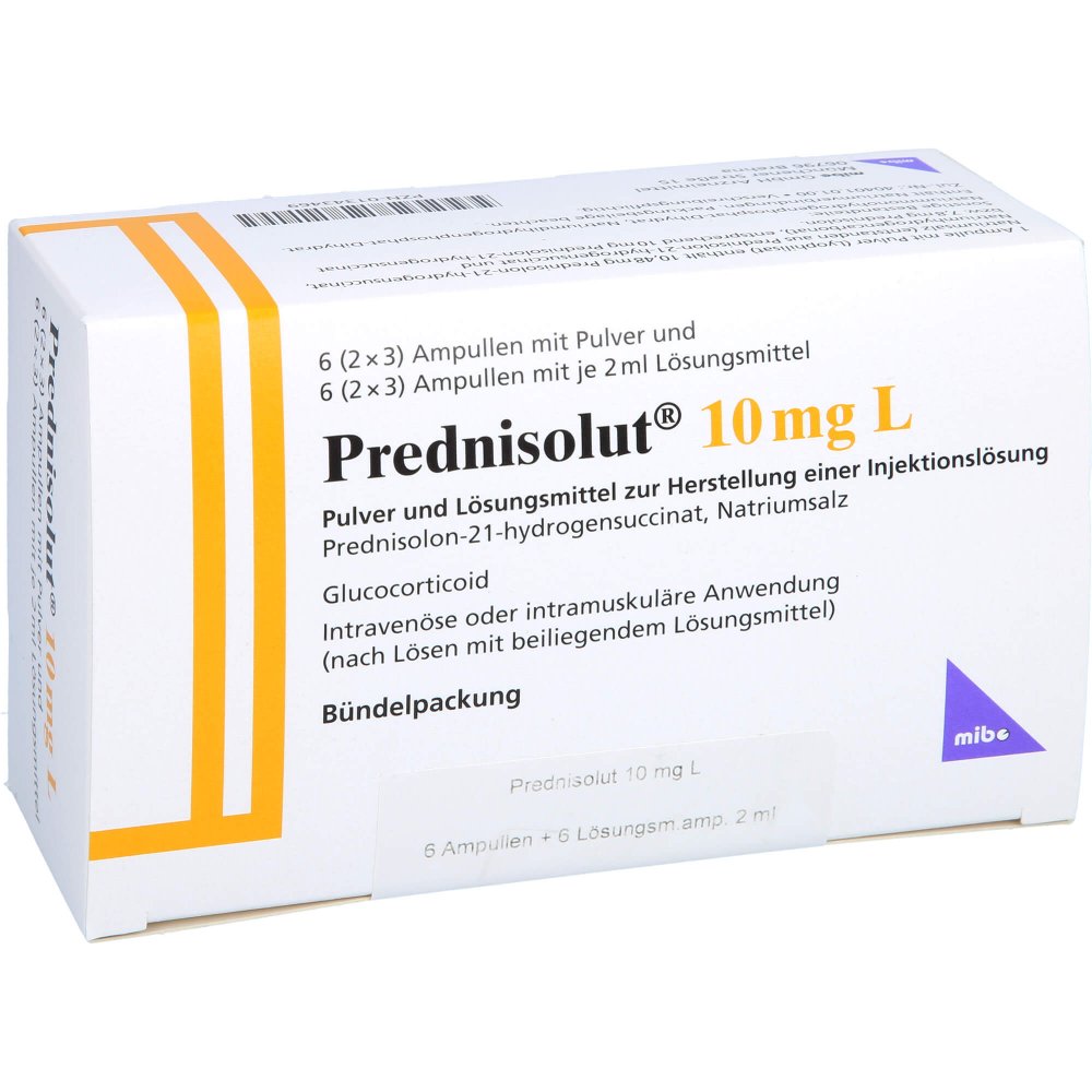 Das Produktfoto zeigt Prednisolut 10 Mg L Plv.U.Lsm.Z.H.E.Injektionslsg. (6 stk) PZN 01343469