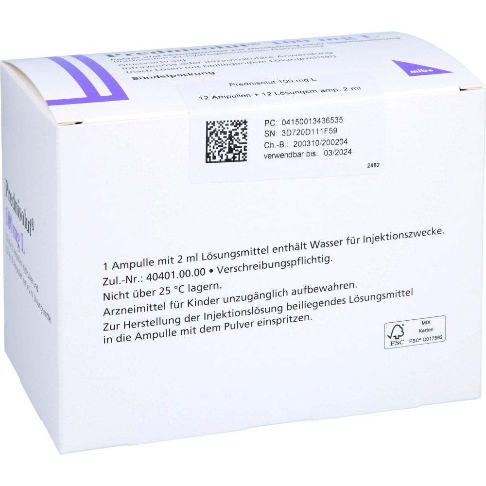 Das Produktfoto zeigt Prednisolut 100 Mg L Plv.U.Lsm.Z.Herst.E.Inj.-Lsg. (12 stk) PZN 01343653