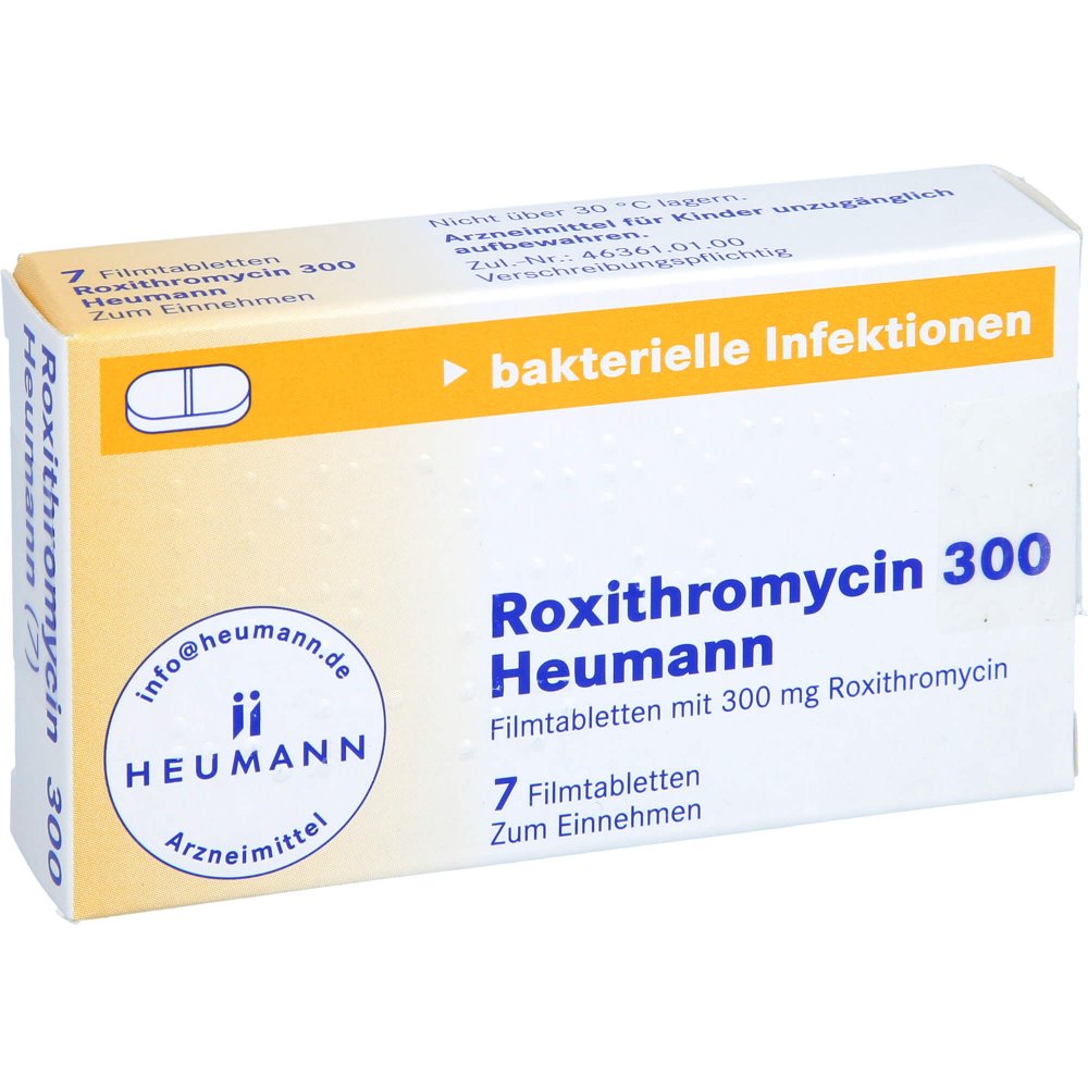 Das Produktfoto zeigt Roxithromycin 300 Heumann Filmtabletten (7 stk) PZN 01347970