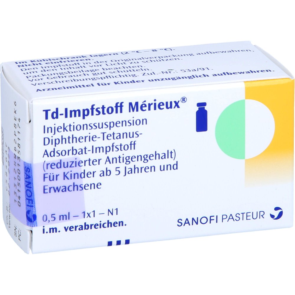 Das Produktfoto zeigt Td-Impfstoff Merieux Injektionssuspension (1 stk) PZN 01358117