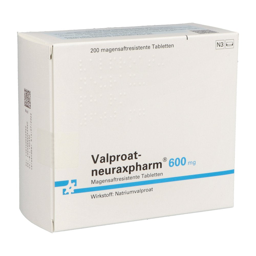 Das Produktfoto zeigt Valproat-Neuraxpharm 600 Mg Magensaftres.Tabletten (200 stk) PZN 01400569