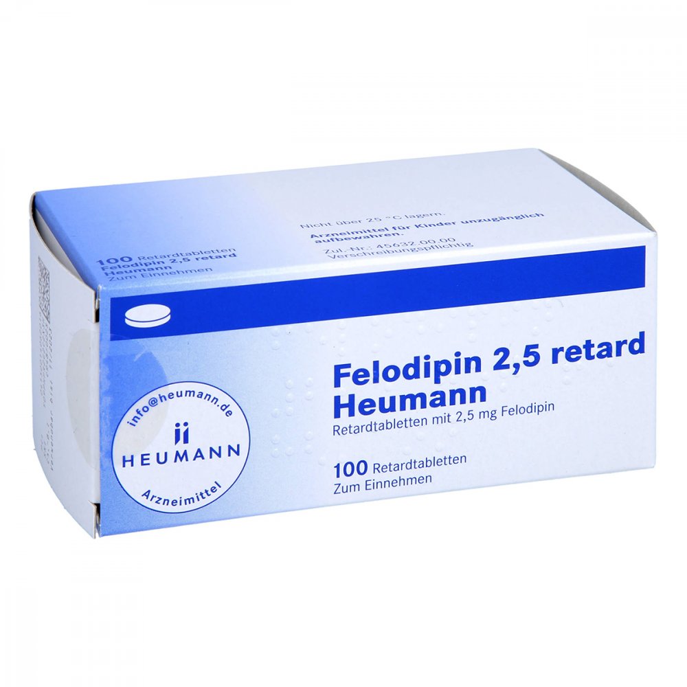 Das Produktfoto zeigt Felodipin 2,5 Mg Retard Heumann Tabl. (100 stk) PZN 01406201