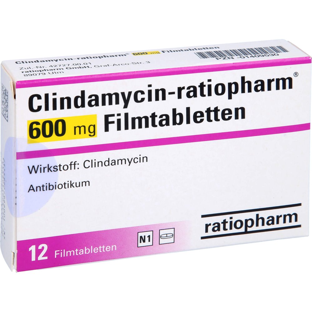 Das Produktfoto zeigt Clindamycin-Ratiopharm 600 Mg Filmtabletten (12 stk) PZN 01409530