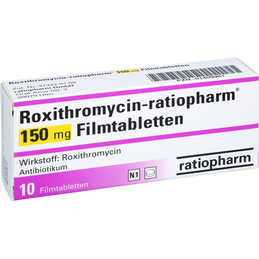 Das Produktfoto zeigt Roxithromycin-Ratiopharm 150 Mg Filmtabletten (10 stk) PZN 01409961