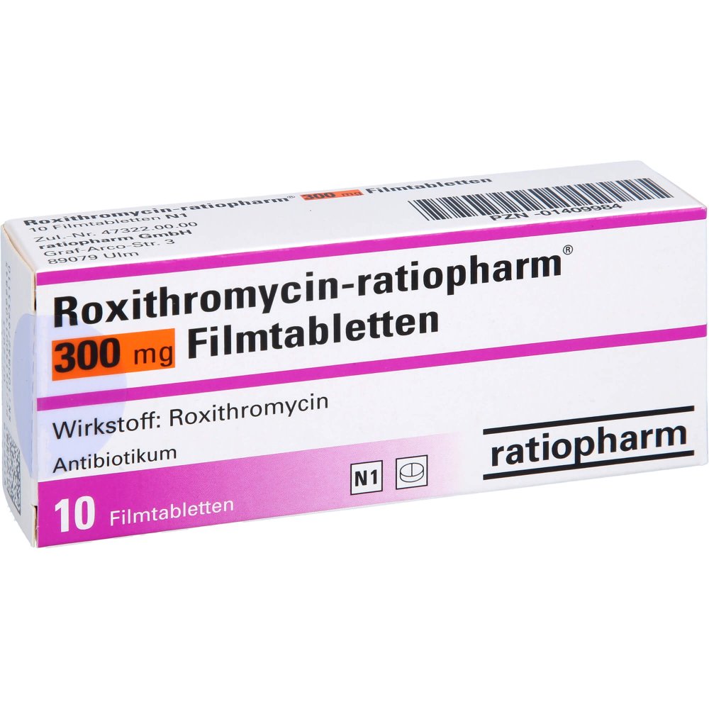 Das Produktfoto zeigt Roxithromycin-Ratiopharm 300 Mg Filmtabletten (10 stk) PZN 01409984