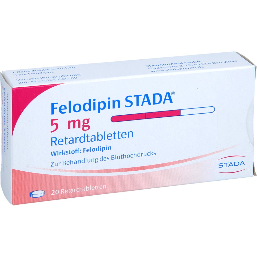 Das Produktfoto zeigt Felodipin Stada 5 Mg Retardtabletten (20 stk) PZN 01433965