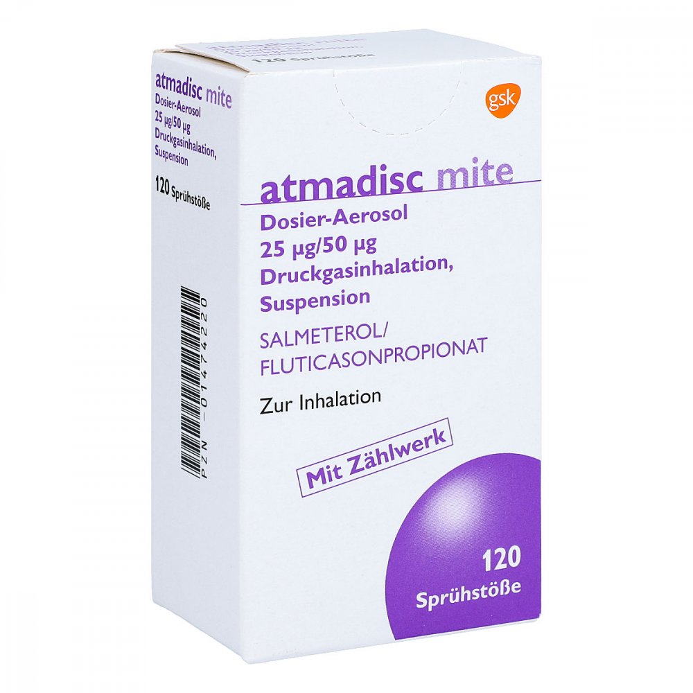 Das Produktfoto zeigt Atmadisc Mite 25 Μg/50 Μg Dos.Aer.Fckw Frei (120 stk) PZN 01474220