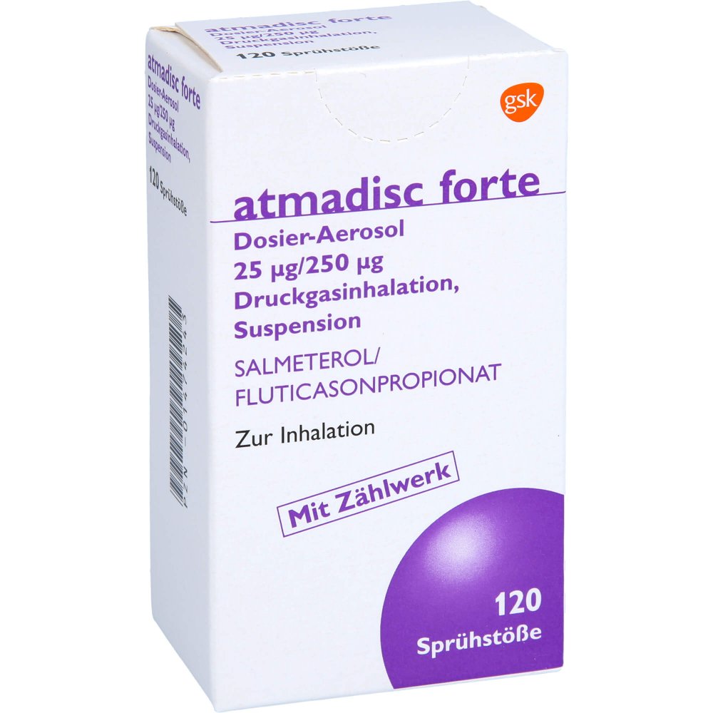 Das Produktfoto zeigt Atmadisc Forte 25 Μg/250 Μg Dos.Aer.Fckw Frei (120 stk) PZN 01474243