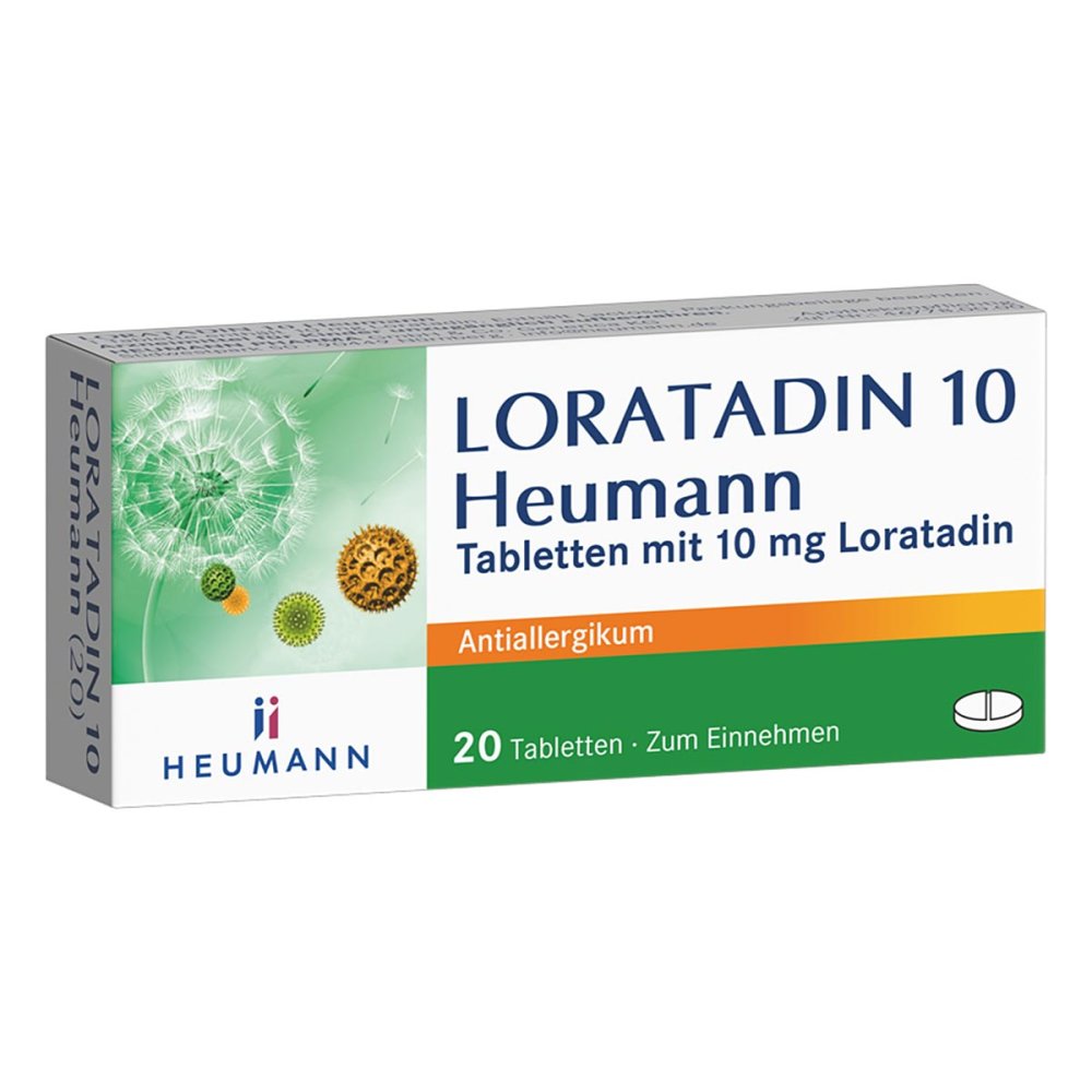 Das Produktfoto zeigt Loratadin 10 Heumann Tabletten (20 stk) PZN 01476621