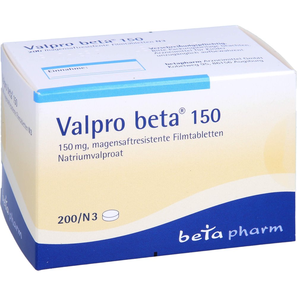 Das Produktfoto zeigt Valpro Beta 150 Magensaftresistente Filmtabletten (200 stk) PZN 01496718