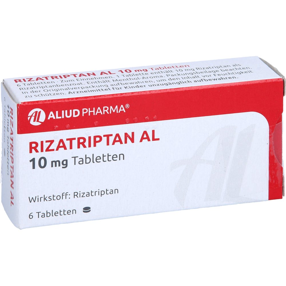 Das Produktfoto zeigt Rizatriptan Al 10 Mg Tabletten (6 stk) PZN 01496799
