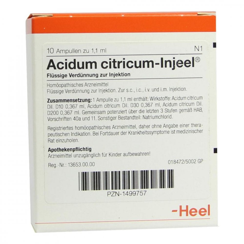 Das Produktfoto zeigt Acidum Citricum Injeel Ampullen (10 stk) PZN 01499757