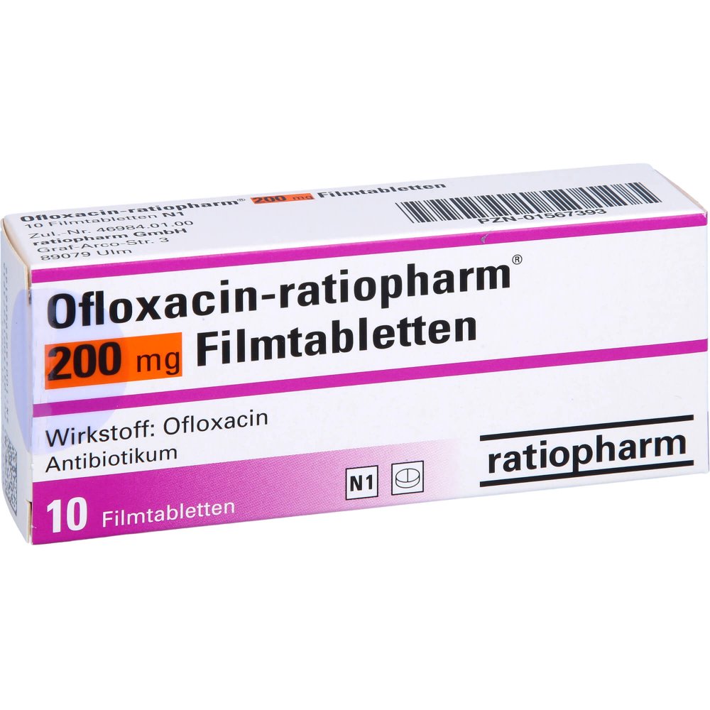 Das Produktfoto zeigt Ofloxacin-Ratiopharm 200 Mg Filmtabletten (10 stk) PZN 01567393