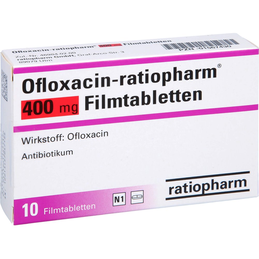 Das Produktfoto zeigt Ofloxacin-Ratiopharm 400 Mg Filmtabletten (10 stk) PZN 01567430