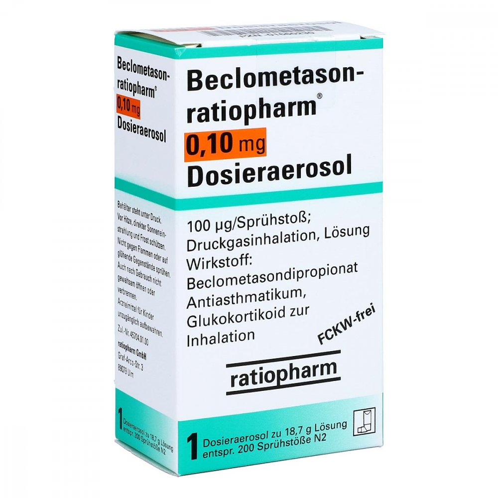 Das Produktfoto zeigt Beclometason-Ratiopharm 0,10mg Dosieraer.200 Hub (1 stk) PZN 01660230