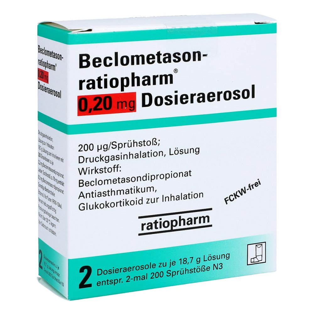 Das Produktfoto zeigt Beclometason-Ratiopharm 0,20mg Dosieraer.2x200 Hub (2 stk) PZN 01660299