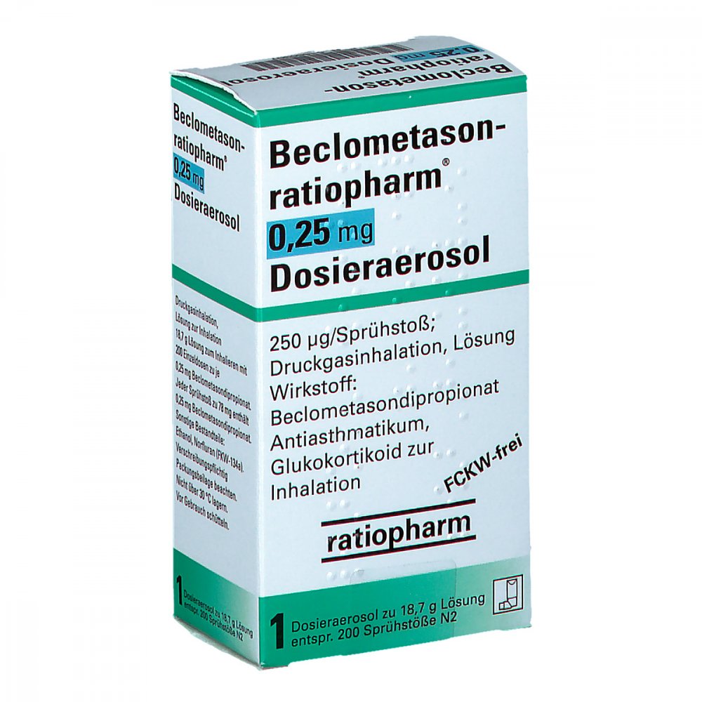 Das Produktfoto zeigt Beclometason-Ratiopharm 0,25mg Dosieraer.200 Hub (1 stk) PZN 01660307