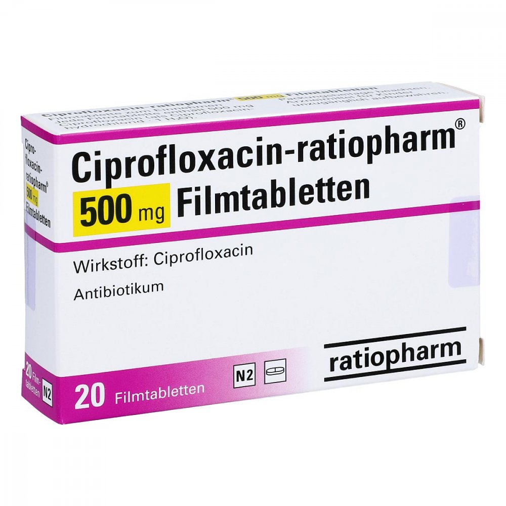 Das Produktfoto zeigt Ciprofloxacin-Ratiopharm 500 Mg Filmtabletten (20 stk) PZN 01690260